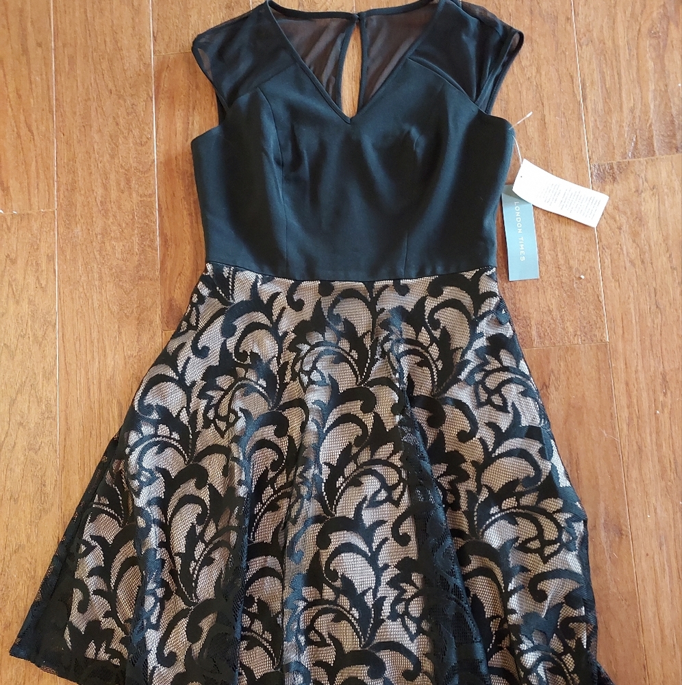 New London Times Black Nude Lace Cocktail Dress Size 6